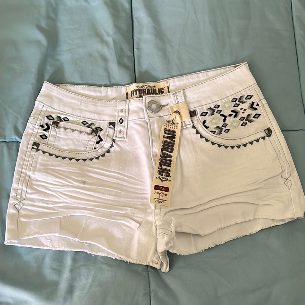 Hydraulic Black and White Jean Shorts with Rhinestone Accents